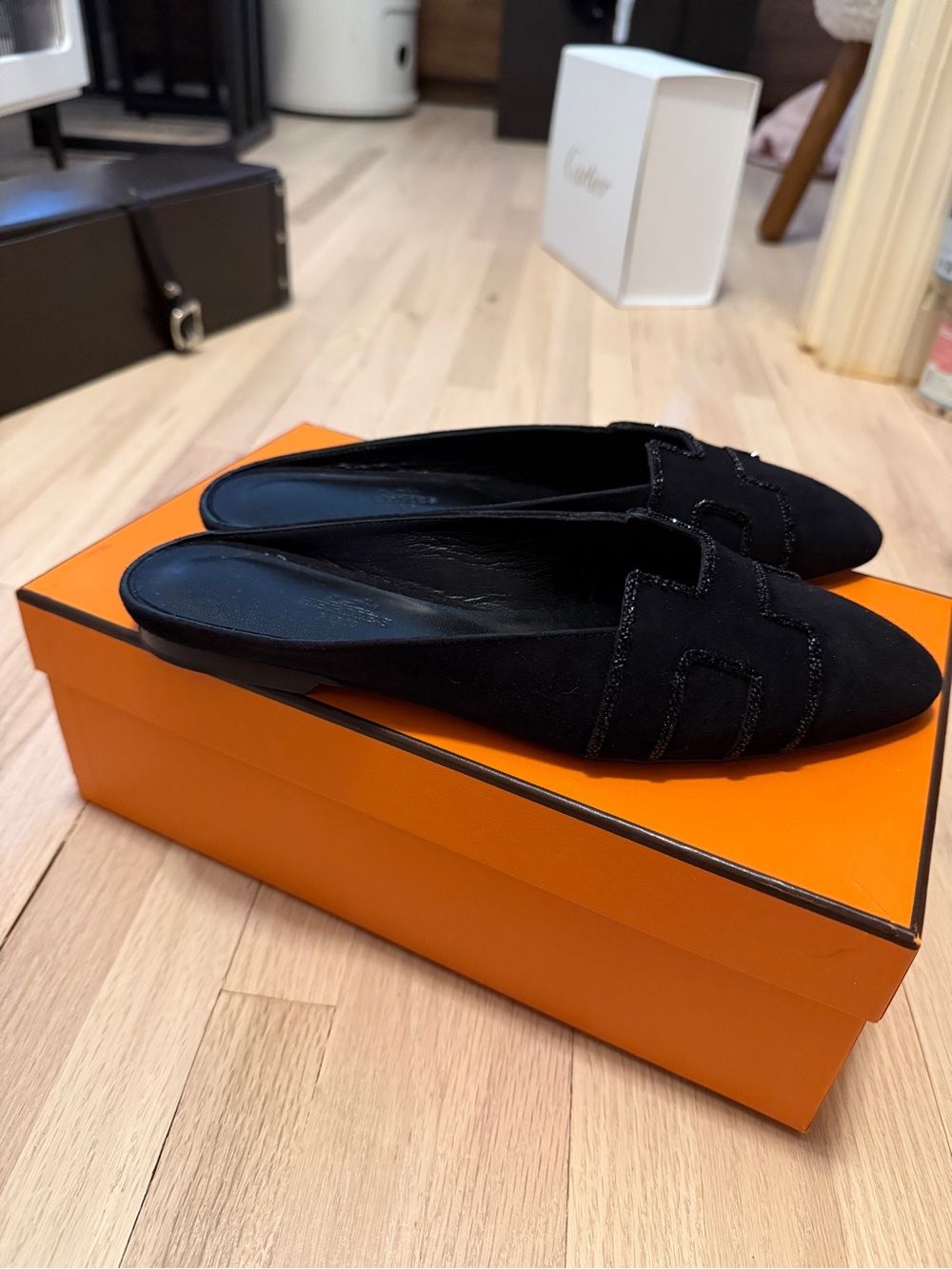 Hermes Black Suede Slip-On Mules